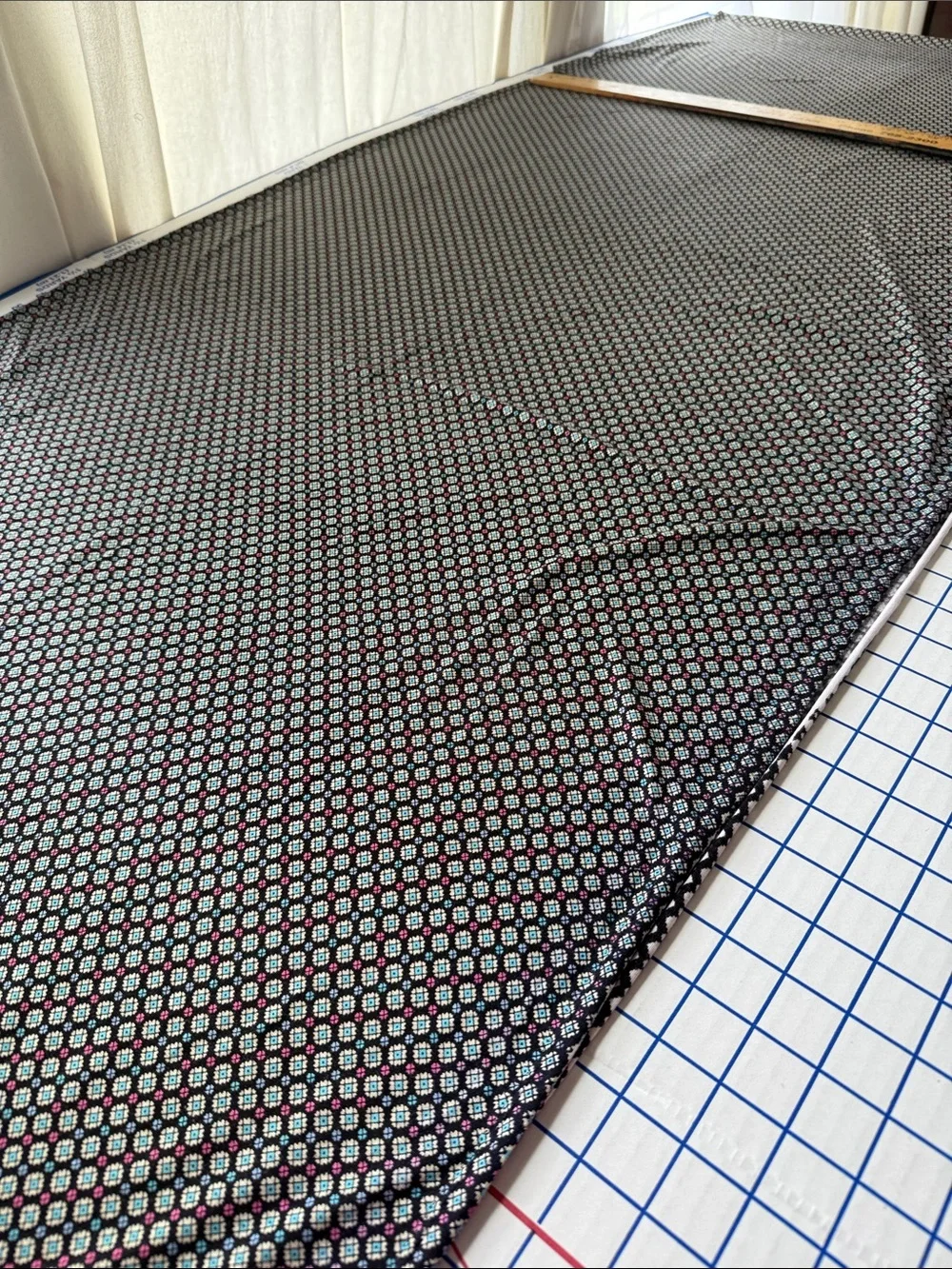 Vintage 70s 80s Geometric Polyester Knit Fabric Black Turquoise 2.5 Yards